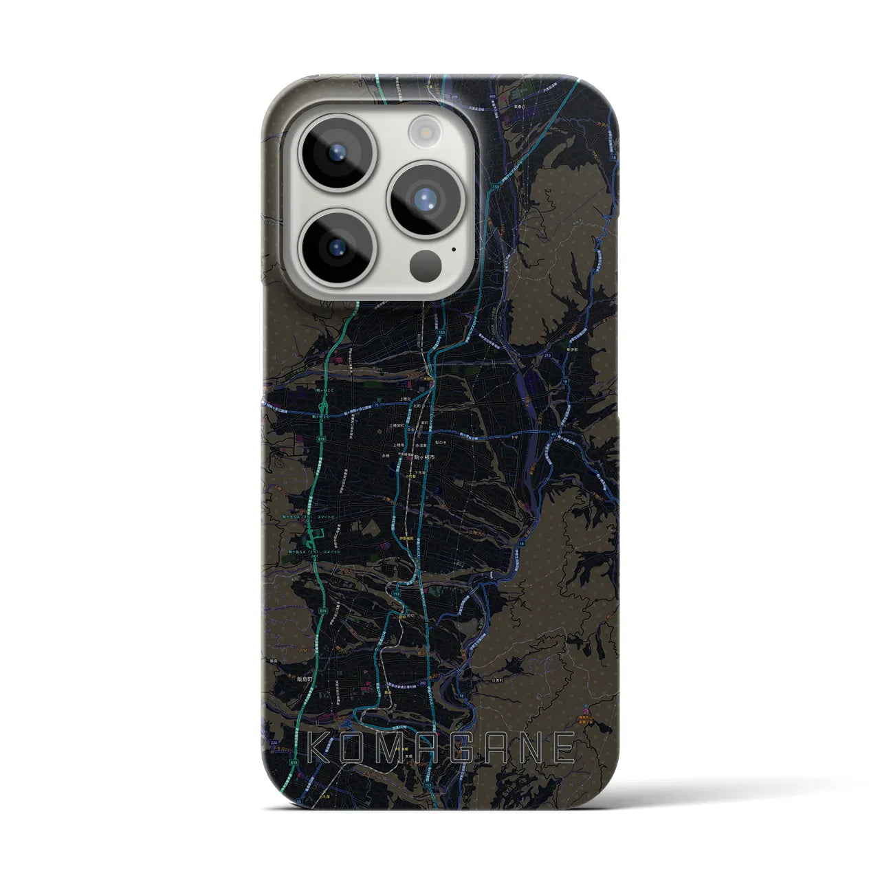 【駒ヶ根】地図柄iPhoneケース（バックカバータイプ・ブラック）iPhone 15 Pro 用