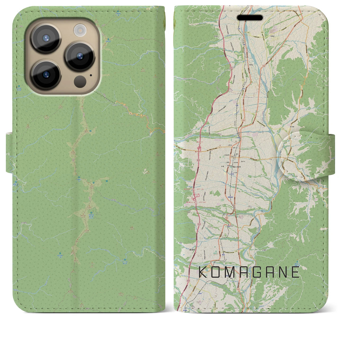 【駒ヶ根】地図柄iPhoneケース（手帳両面タイプ・ナチュラル）iPhone 14 Pro Max 用