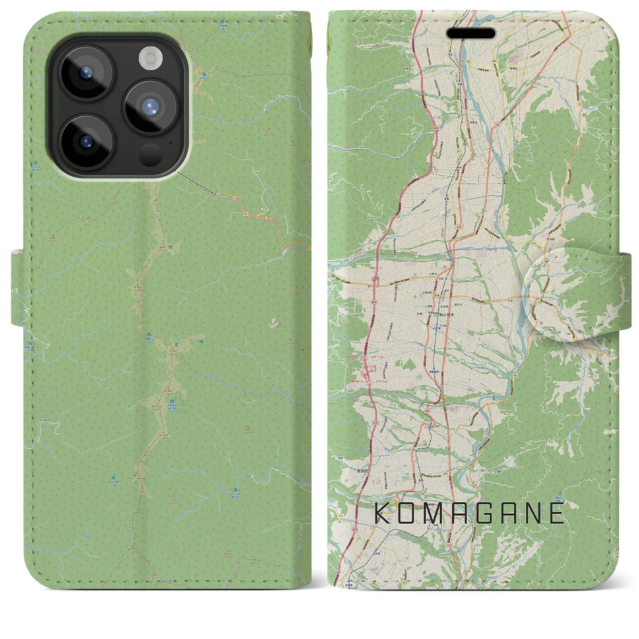 【駒ヶ根】地図柄iPhoneケース（手帳両面タイプ・ナチュラル）iPhone 15 Pro Max 用