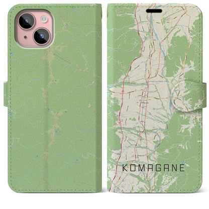 【駒ヶ根（長野県）】地図柄iPhoneケース（手帳タイプ）ナチュラル・iPhone 15 Plus 用