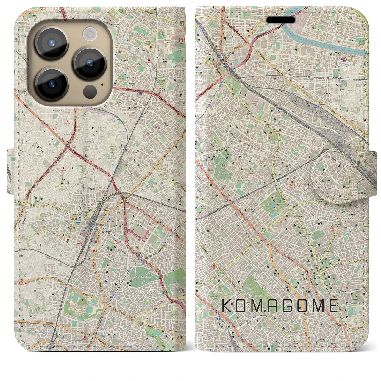 【駒込】地図柄iPhoneケース（手帳両面タイプ・ナチュラル）iPhone 14 Pro Max 用