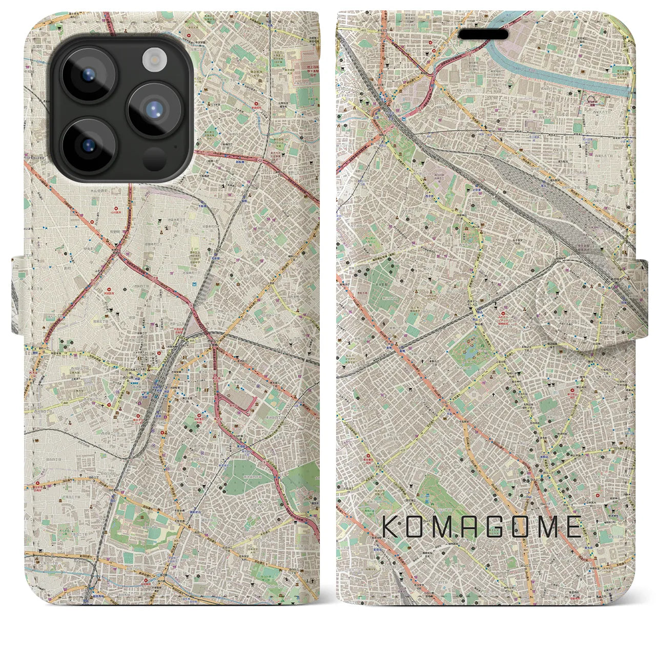 【駒込】地図柄iPhoneケース（手帳両面タイプ・ナチュラル）iPhone 15 Pro Max 用