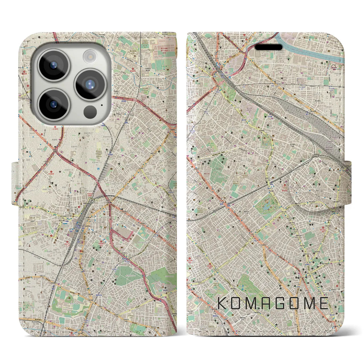 【駒込】地図柄iPhoneケース（手帳両面タイプ・ナチュラル）iPhone 15 Pro 用