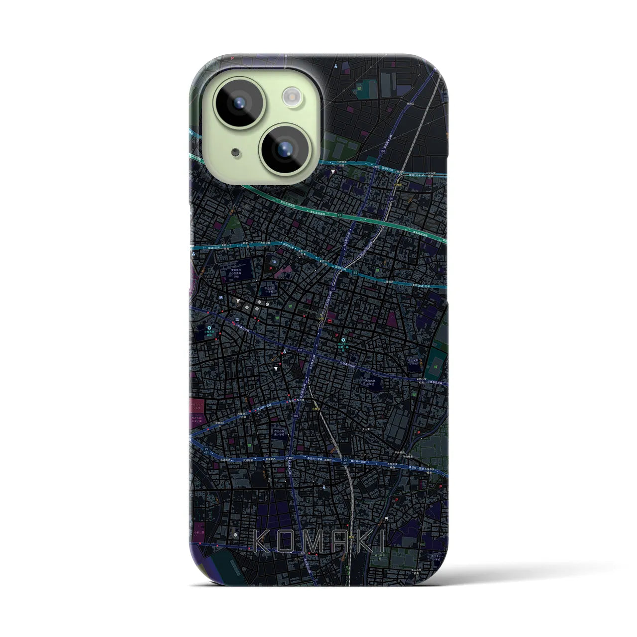【小牧】地図柄iPhoneケース（バックカバータイプ・ブラック）iPhone 15 用