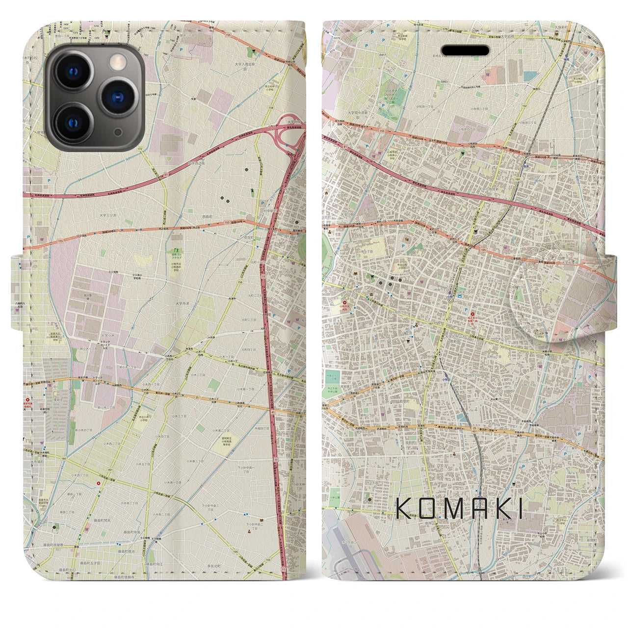 【小牧】地図柄iPhoneケース（手帳両面タイプ・ナチュラル）iPhone 11 Pro Max 用
