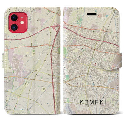 【小牧（愛知県）】地図柄iPhoneケース（手帳タイプ）ナチュラル・iPhone 11 用