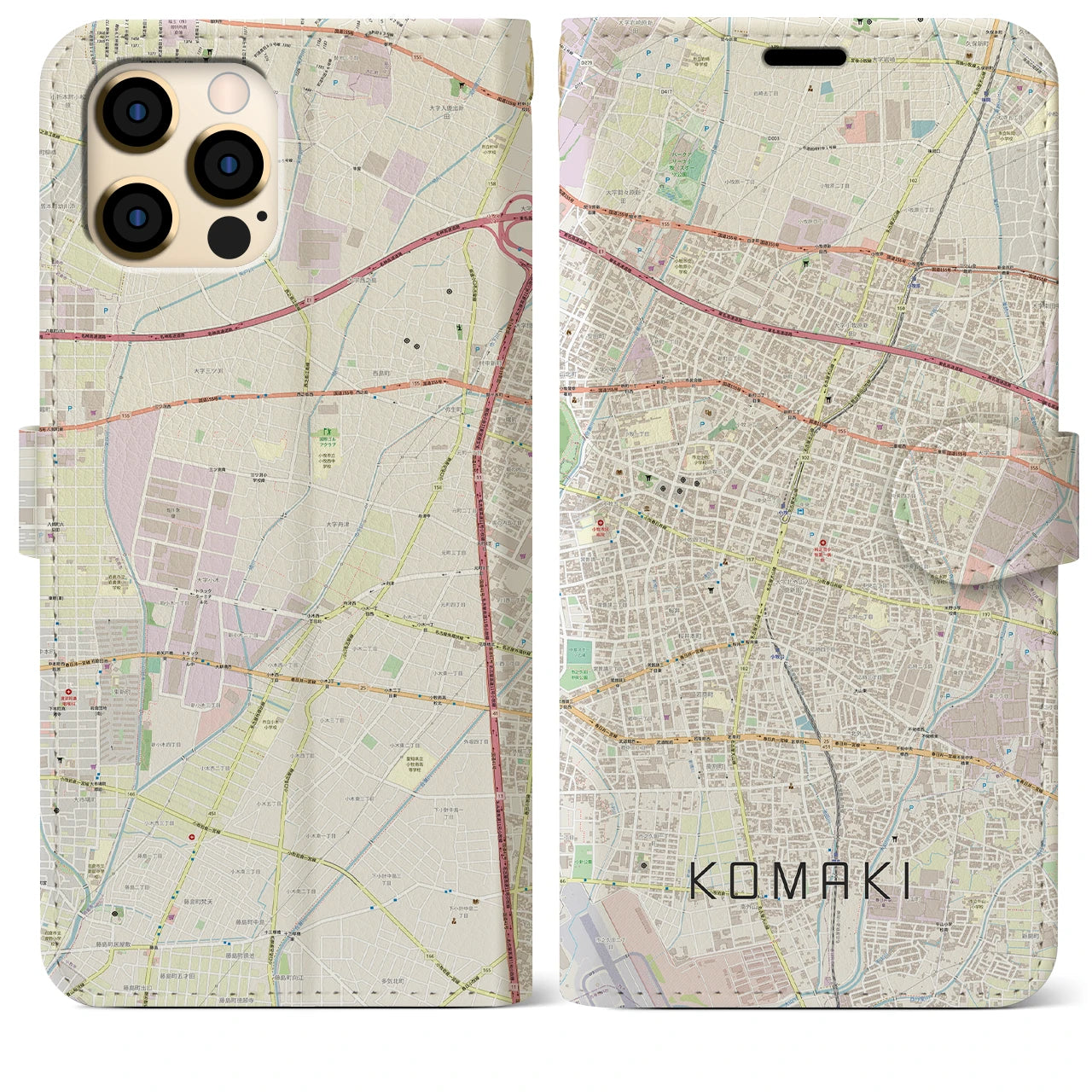 【小牧】地図柄iPhoneケース（手帳両面タイプ・ナチュラル）iPhone 12 Pro Max 用