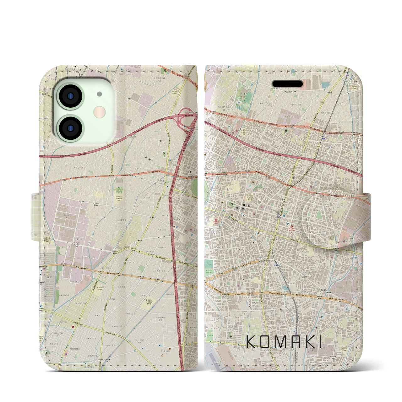 【小牧】地図柄iPhoneケース（手帳両面タイプ・ナチュラル）iPhone 12 mini 用