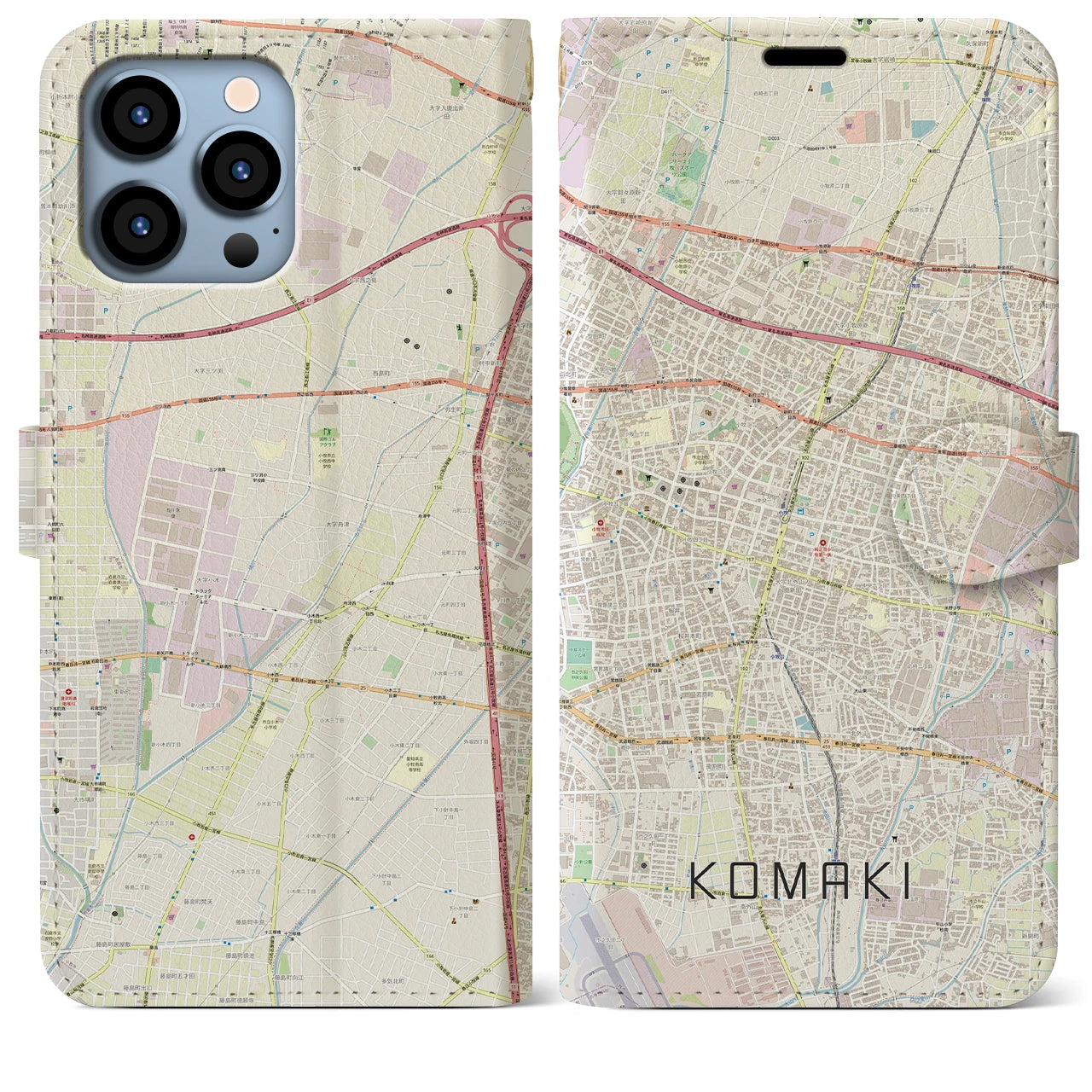 【小牧】地図柄iPhoneケース（手帳両面タイプ・ナチュラル）iPhone 13 Pro Max 用