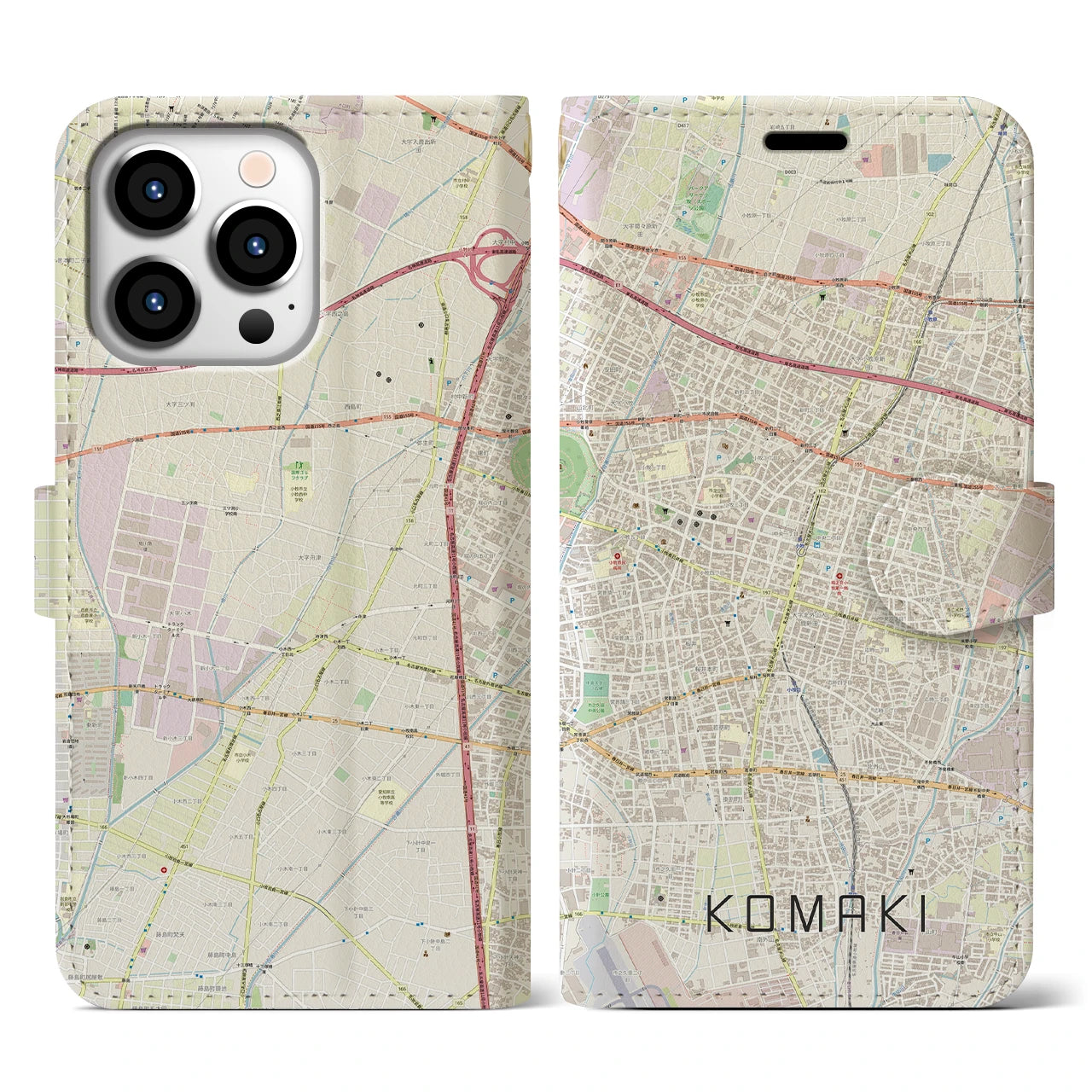 【小牧】地図柄iPhoneケース（手帳両面タイプ・ナチュラル）iPhone 13 Pro 用