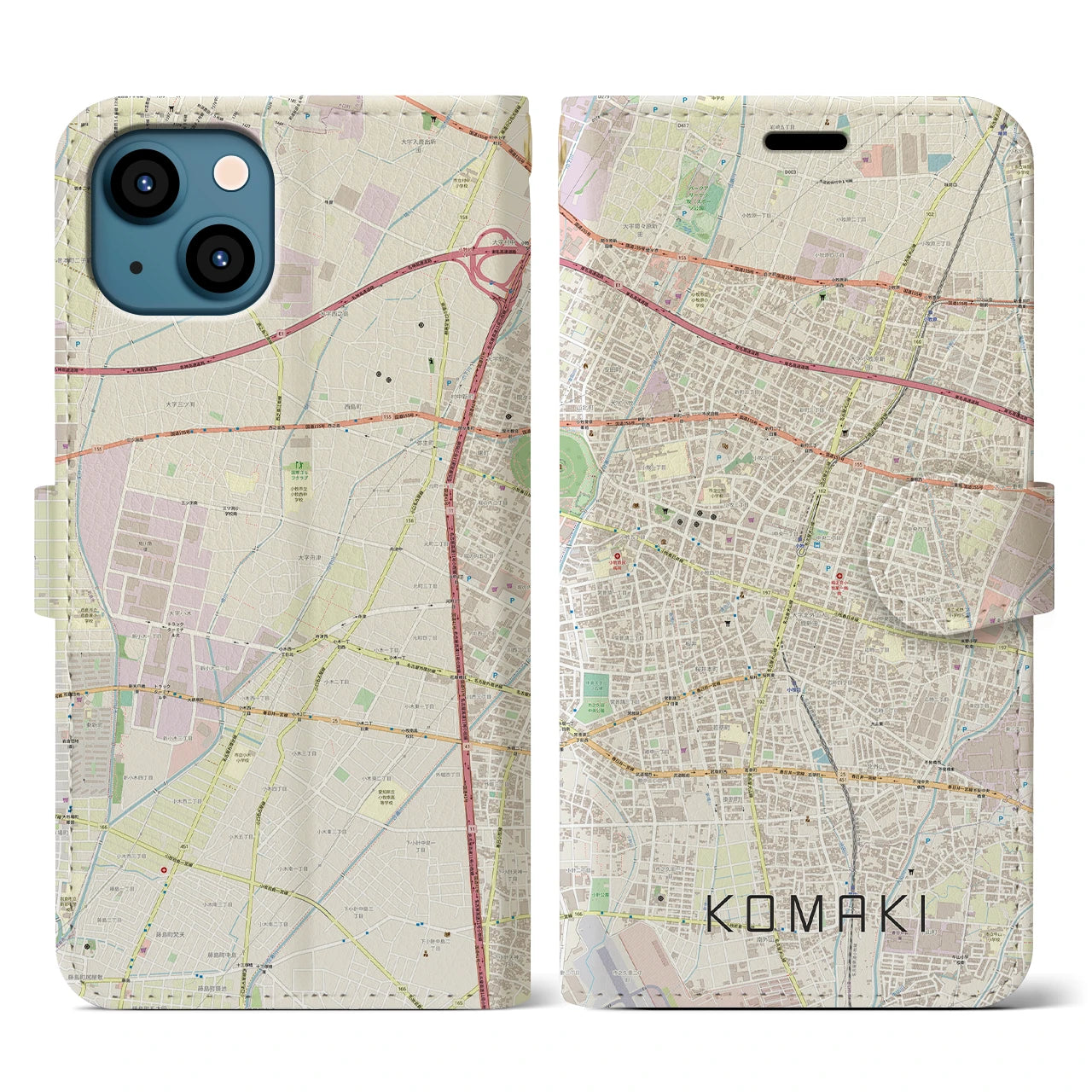 【小牧】地図柄iPhoneケース（手帳両面タイプ・ナチュラル）iPhone 13 用