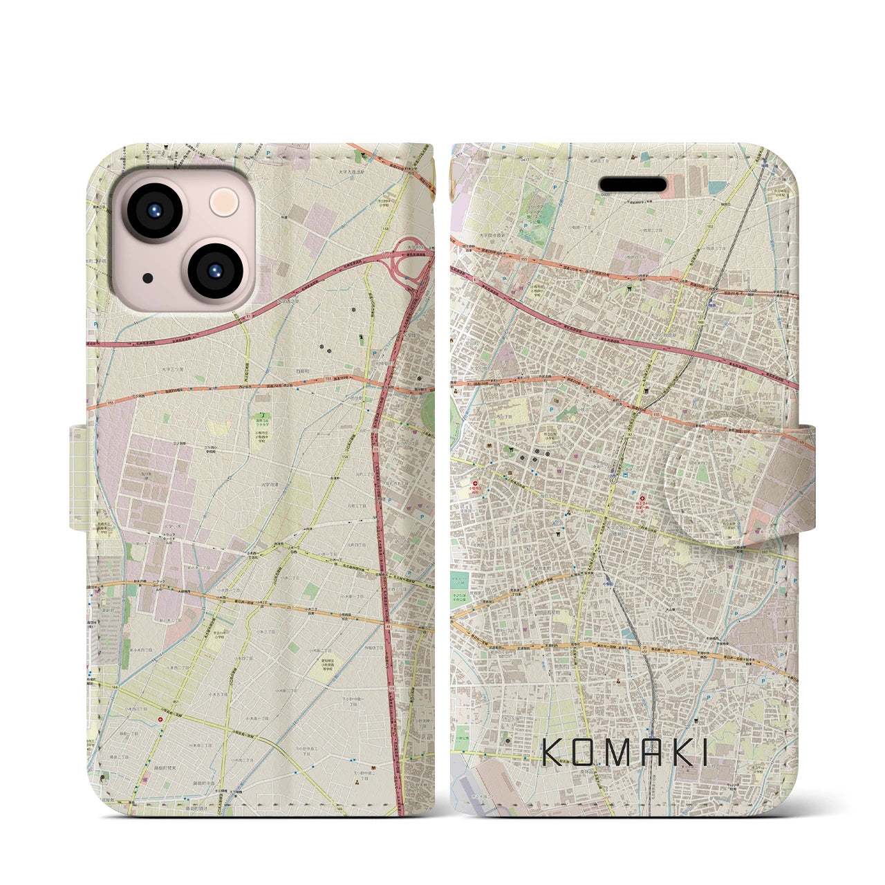 【小牧】地図柄iPhoneケース（手帳両面タイプ・ナチュラル）iPhone 13 mini 用