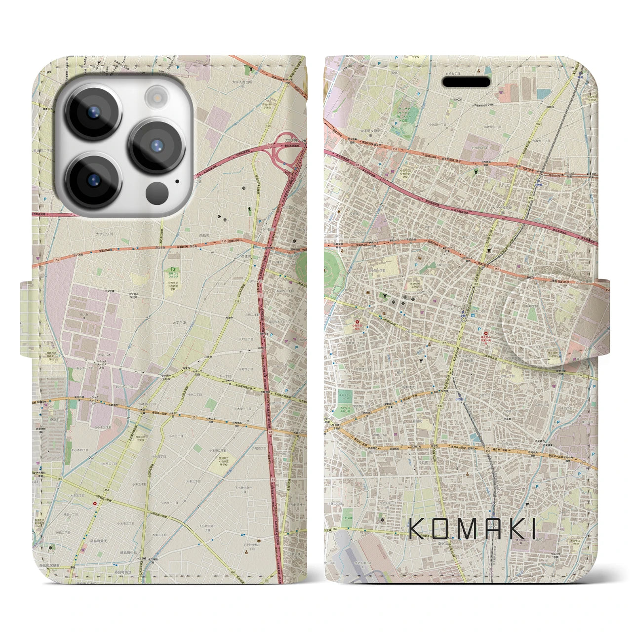【小牧】地図柄iPhoneケース（手帳両面タイプ・ナチュラル）iPhone 14 Pro 用