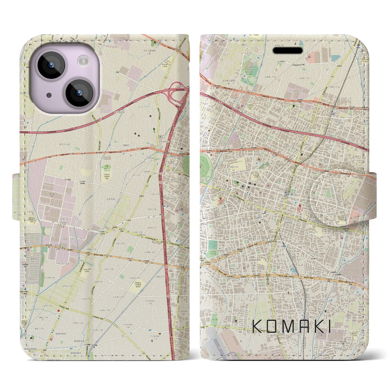 【小牧】地図柄iPhoneケース（手帳両面タイプ・ナチュラル）iPhone 14 用