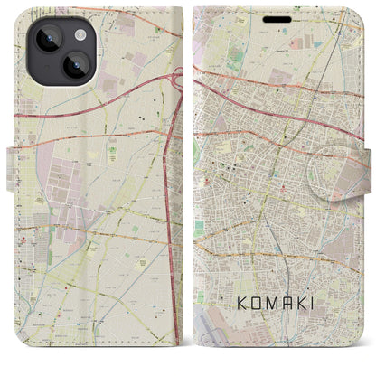 【小牧（愛知県）】地図柄iPhoneケース（手帳タイプ）ナチュラル・iPhone 14 Plus 用