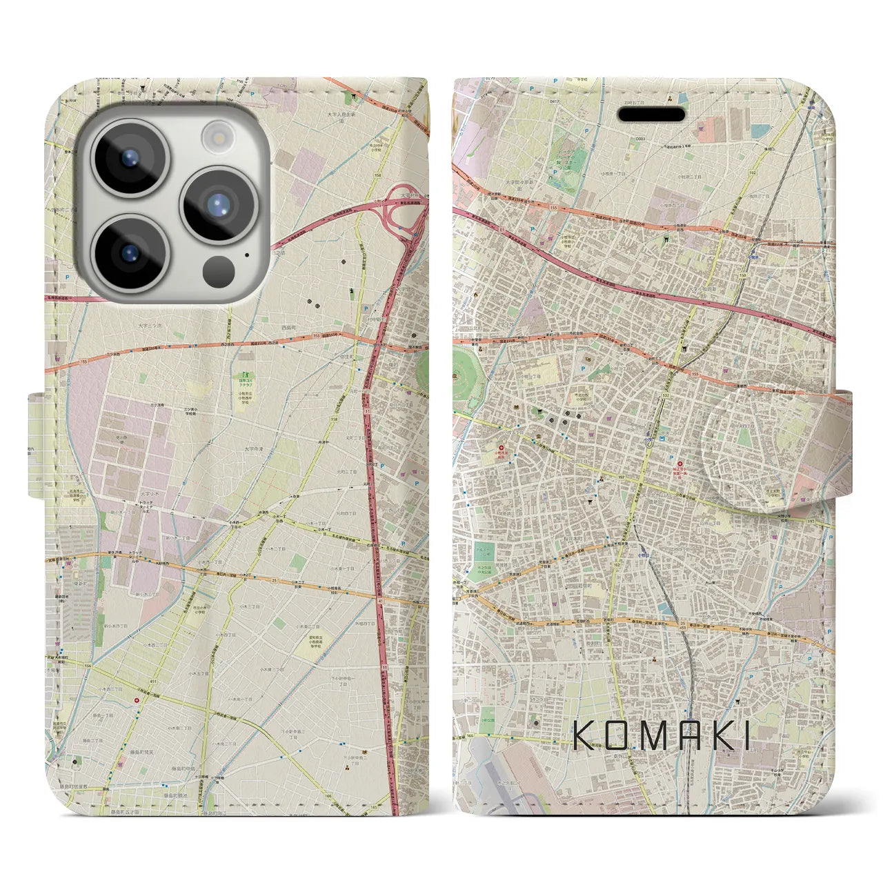 【小牧】地図柄iPhoneケース（手帳両面タイプ・ナチュラル）iPhone 15 Pro 用