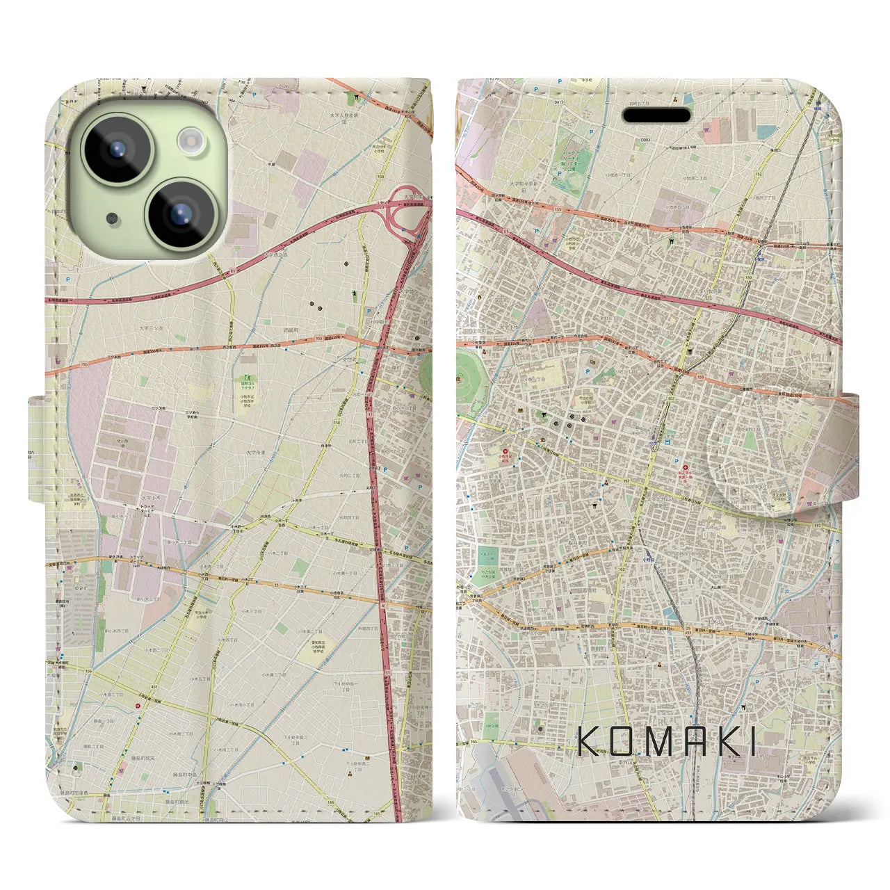 【小牧】地図柄iPhoneケース（手帳両面タイプ・ナチュラル）iPhone 15 用