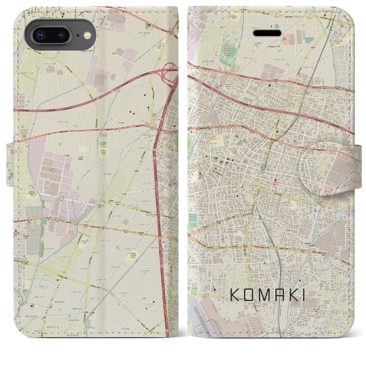【小牧】地図柄iPhoneケース（手帳両面タイプ・ナチュラル）iPhone 8Plus /7Plus / 6sPlus / 6Plus 用