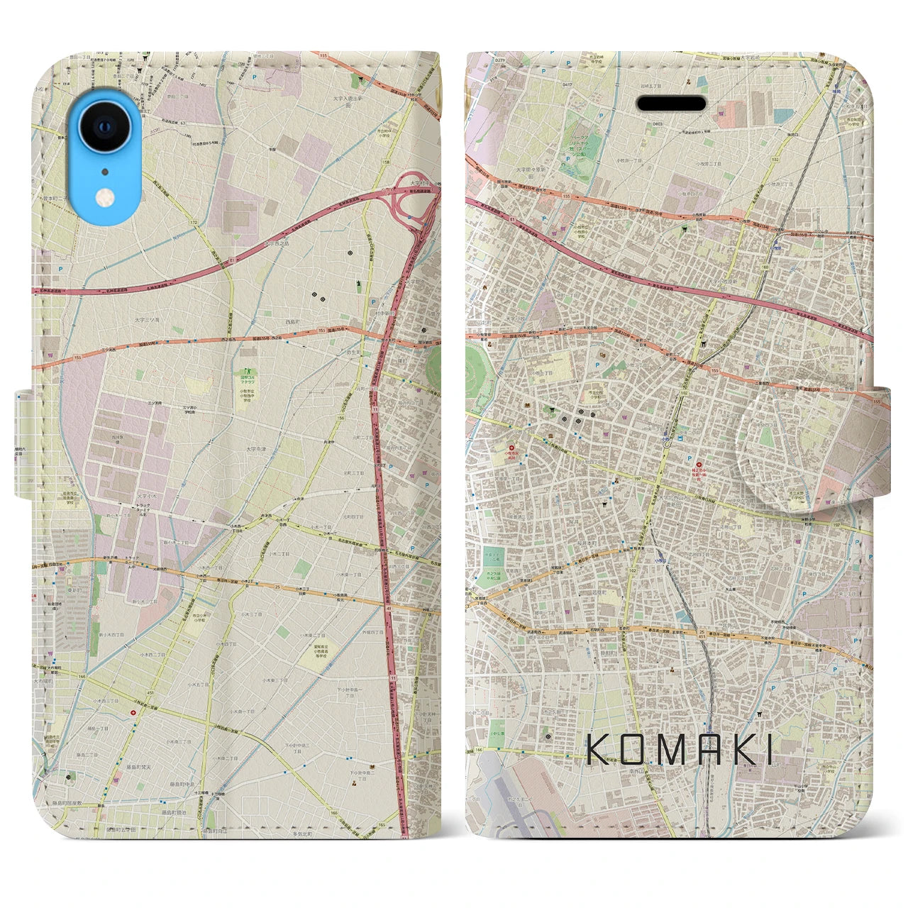 【小牧】地図柄iPhoneケース（手帳両面タイプ・ナチュラル）iPhone XR 用
