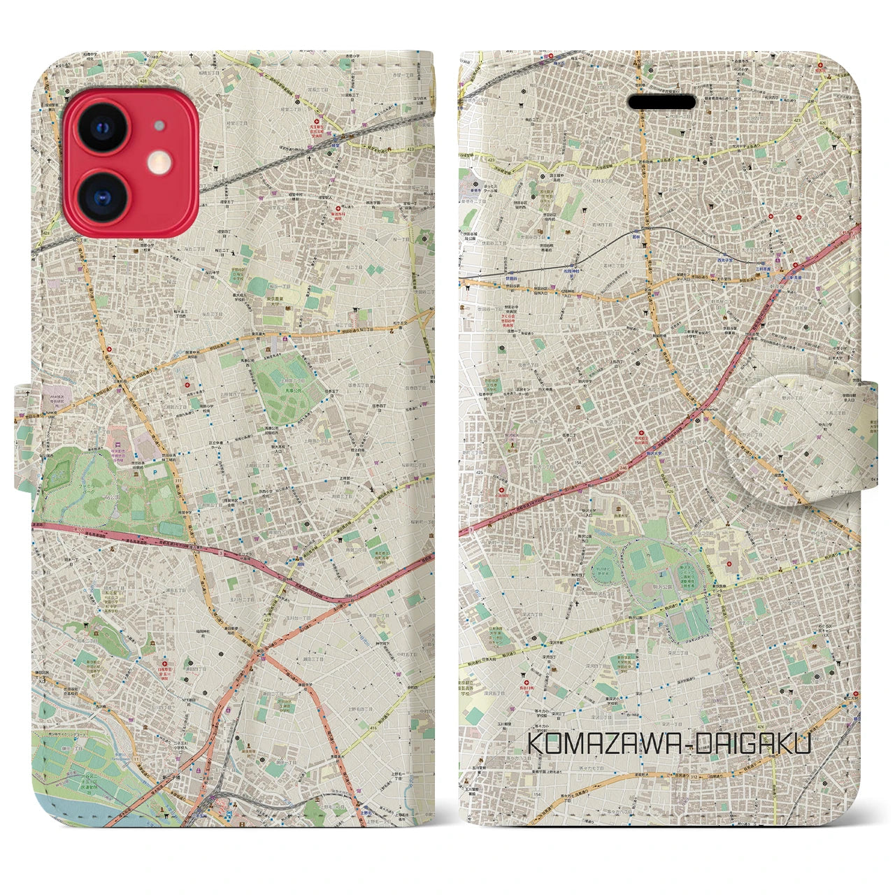 【駒沢大学】地図柄iPhoneケース（手帳両面タイプ・ナチュラル）iPhone 11 用