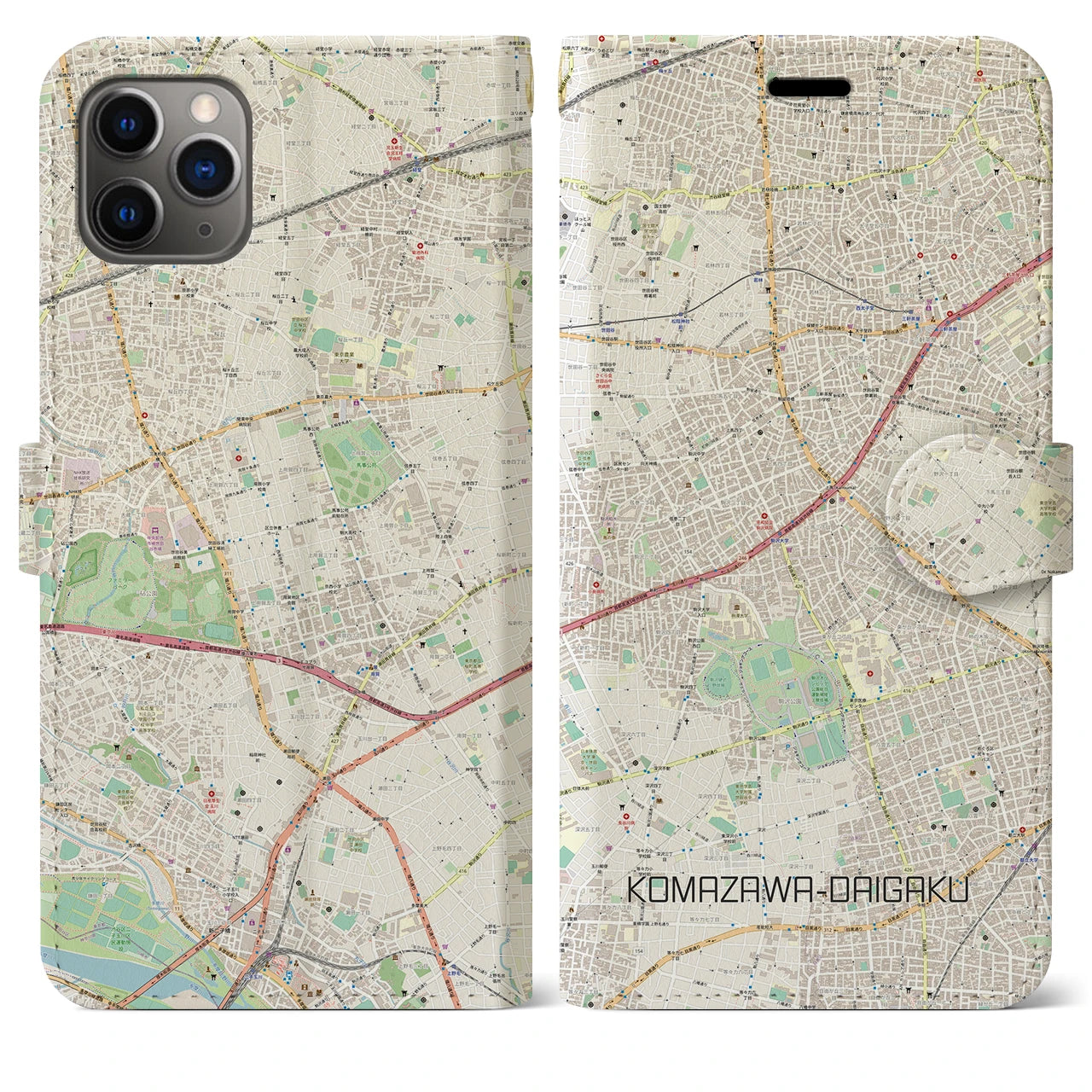 【駒沢大学】地図柄iPhoneケース（手帳両面タイプ・ナチュラル）iPhone 11 Pro Max 用