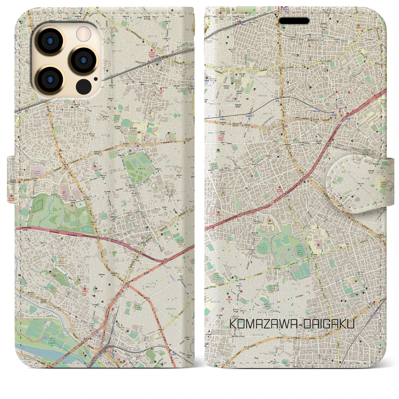 【駒沢大学】地図柄iPhoneケース（手帳両面タイプ・ナチュラル）iPhone 12 Pro Max 用