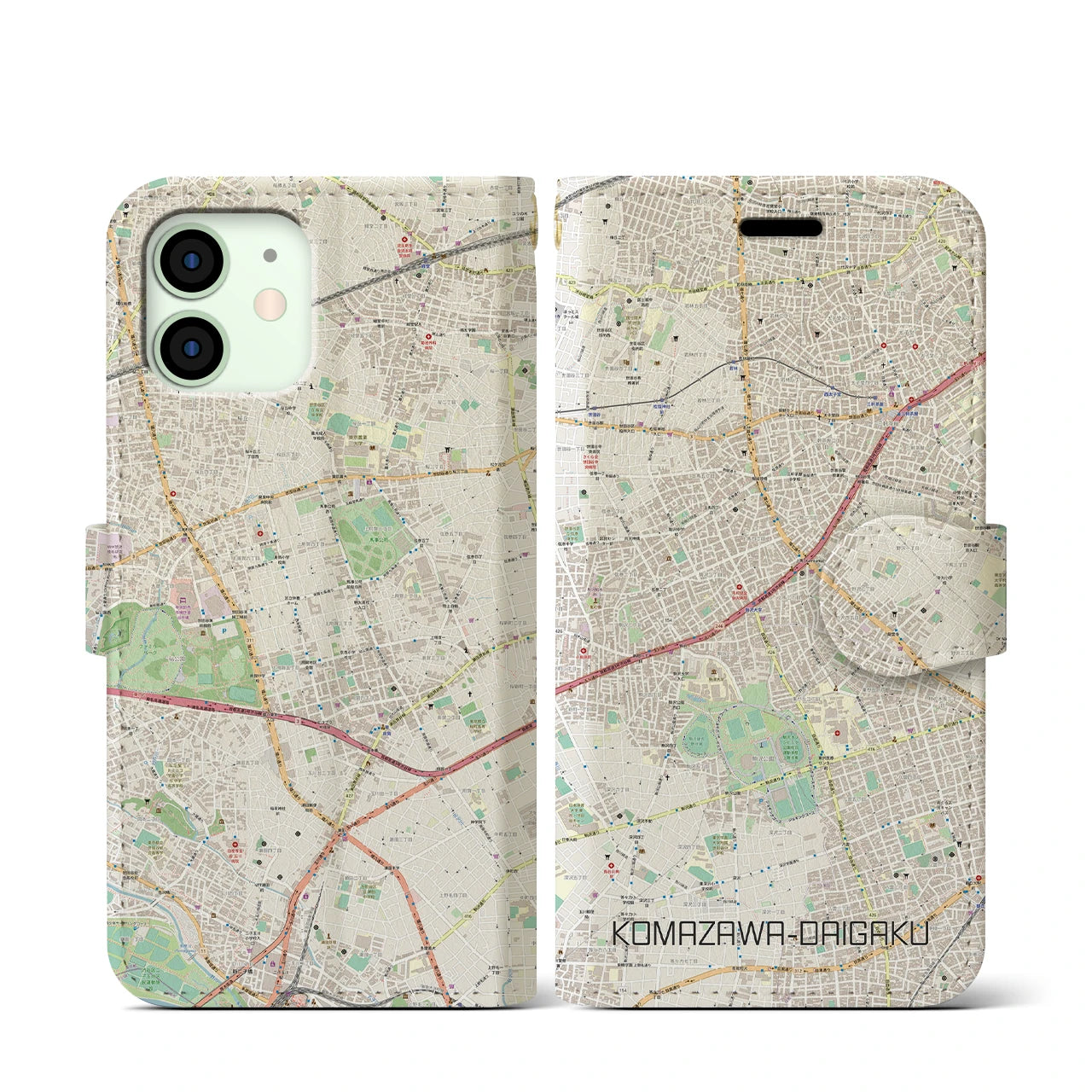 【駒沢大学】地図柄iPhoneケース（手帳両面タイプ・ナチュラル）iPhone 12 mini 用