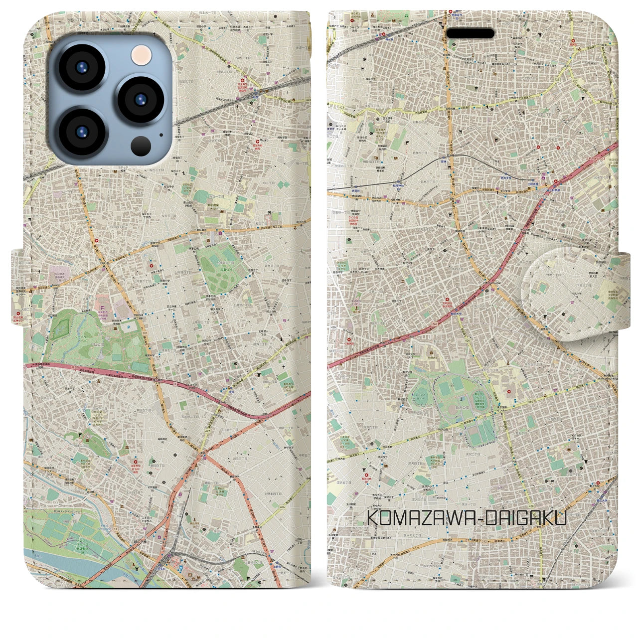 【駒沢大学】地図柄iPhoneケース（手帳両面タイプ・ナチュラル）iPhone 13 Pro Max 用
