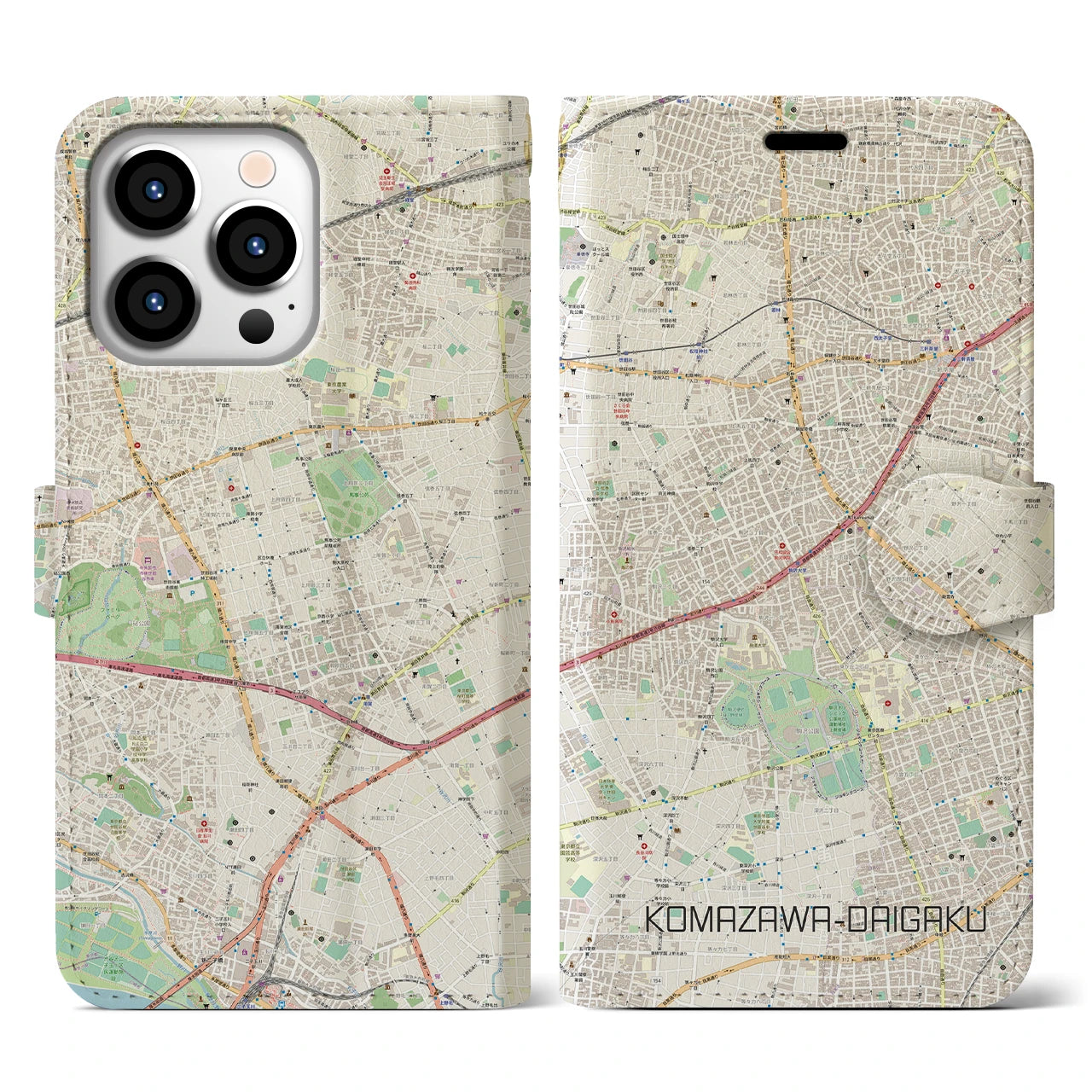 【駒沢大学】地図柄iPhoneケース（手帳両面タイプ・ナチュラル）iPhone 13 Pro 用