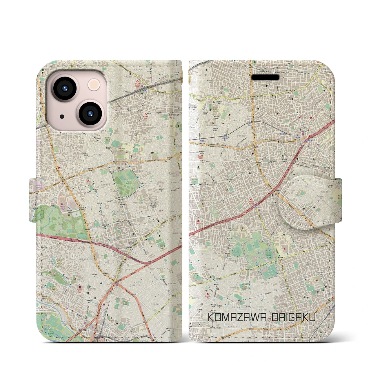 【駒沢大学】地図柄iPhoneケース（手帳両面タイプ・ナチュラル）iPhone 13 mini 用