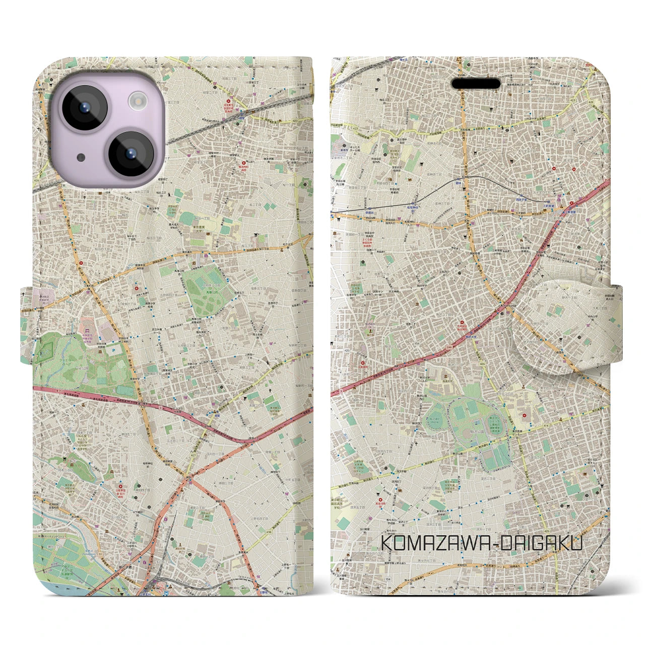 【駒沢大学】地図柄iPhoneケース（手帳両面タイプ・ナチュラル）iPhone 14 用