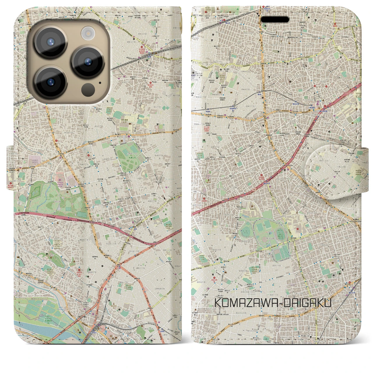 【駒沢大学】地図柄iPhoneケース（手帳両面タイプ・ナチュラル）iPhone 14 Pro Max 用