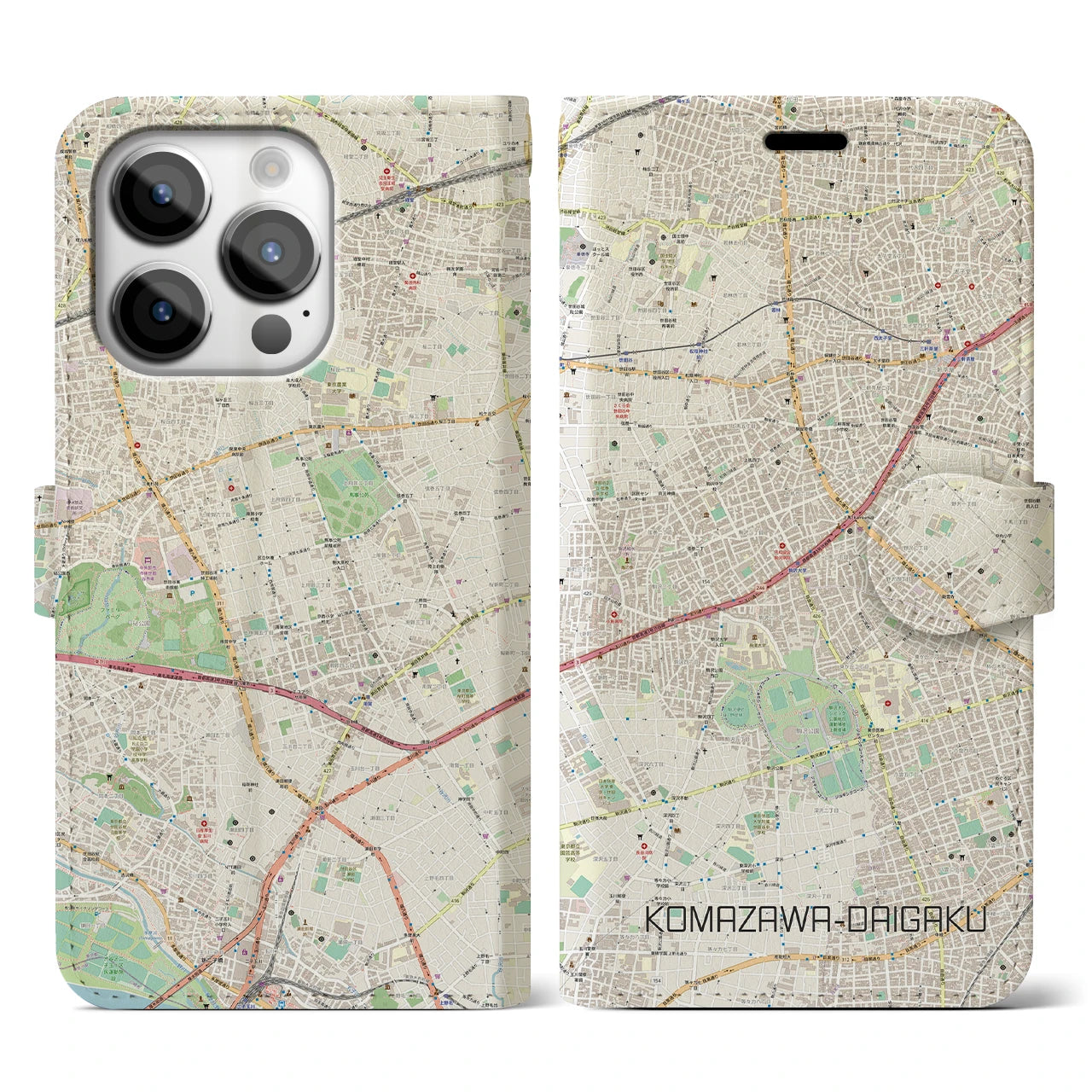 【駒沢大学】地図柄iPhoneケース（手帳両面タイプ・ナチュラル）iPhone 14 Pro 用