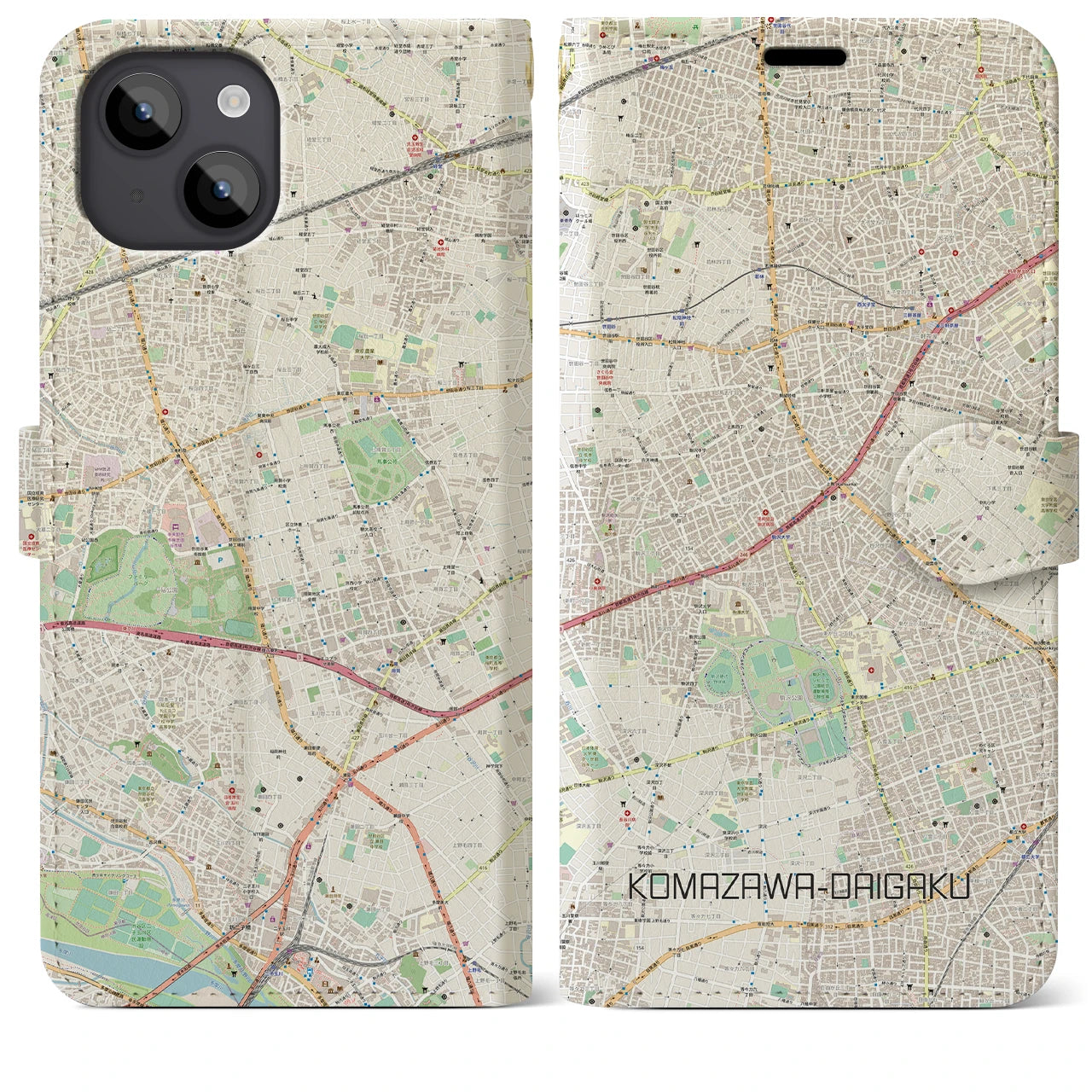 【駒沢大学】地図柄iPhoneケース（手帳両面タイプ・ナチュラル）iPhone 14 Plus 用