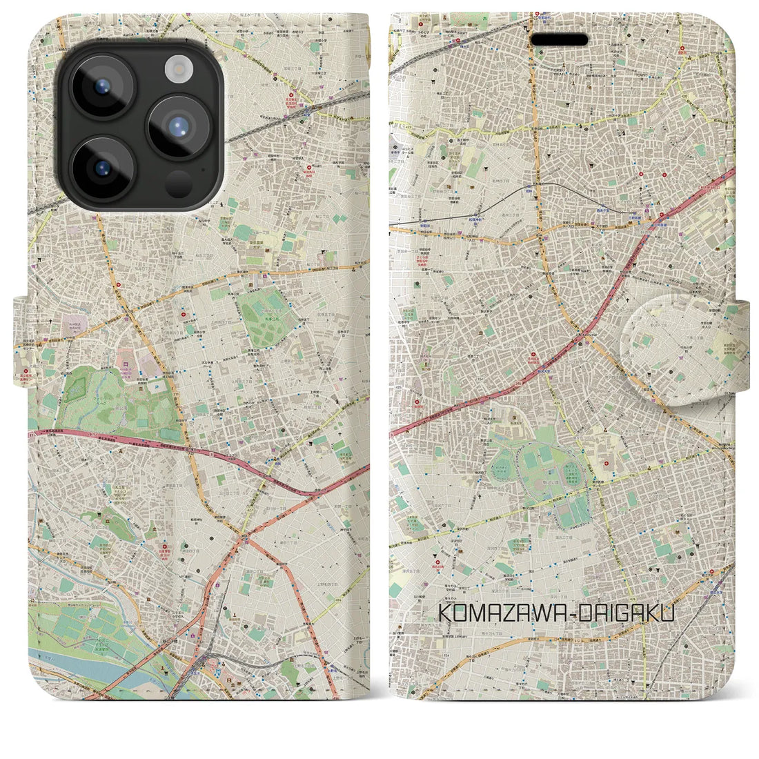 【駒沢大学】地図柄iPhoneケース（手帳両面タイプ・ナチュラル）iPhone 15 Pro Max 用