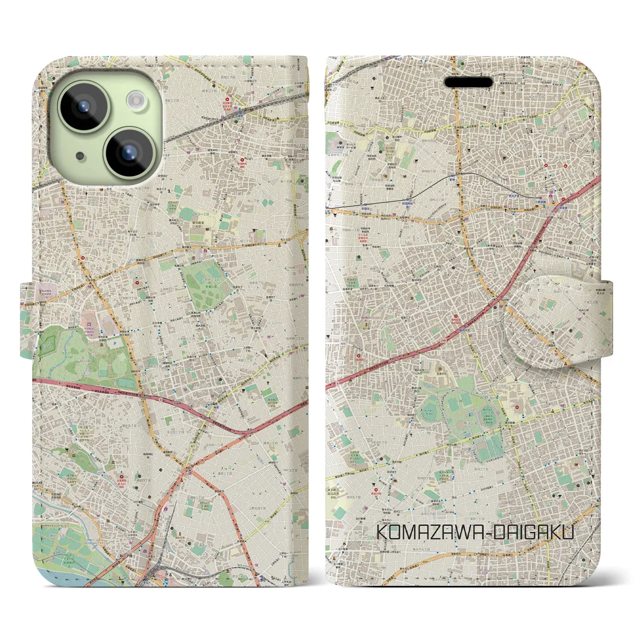 【駒沢大学】地図柄iPhoneケース（手帳両面タイプ・ナチュラル）iPhone 15 用