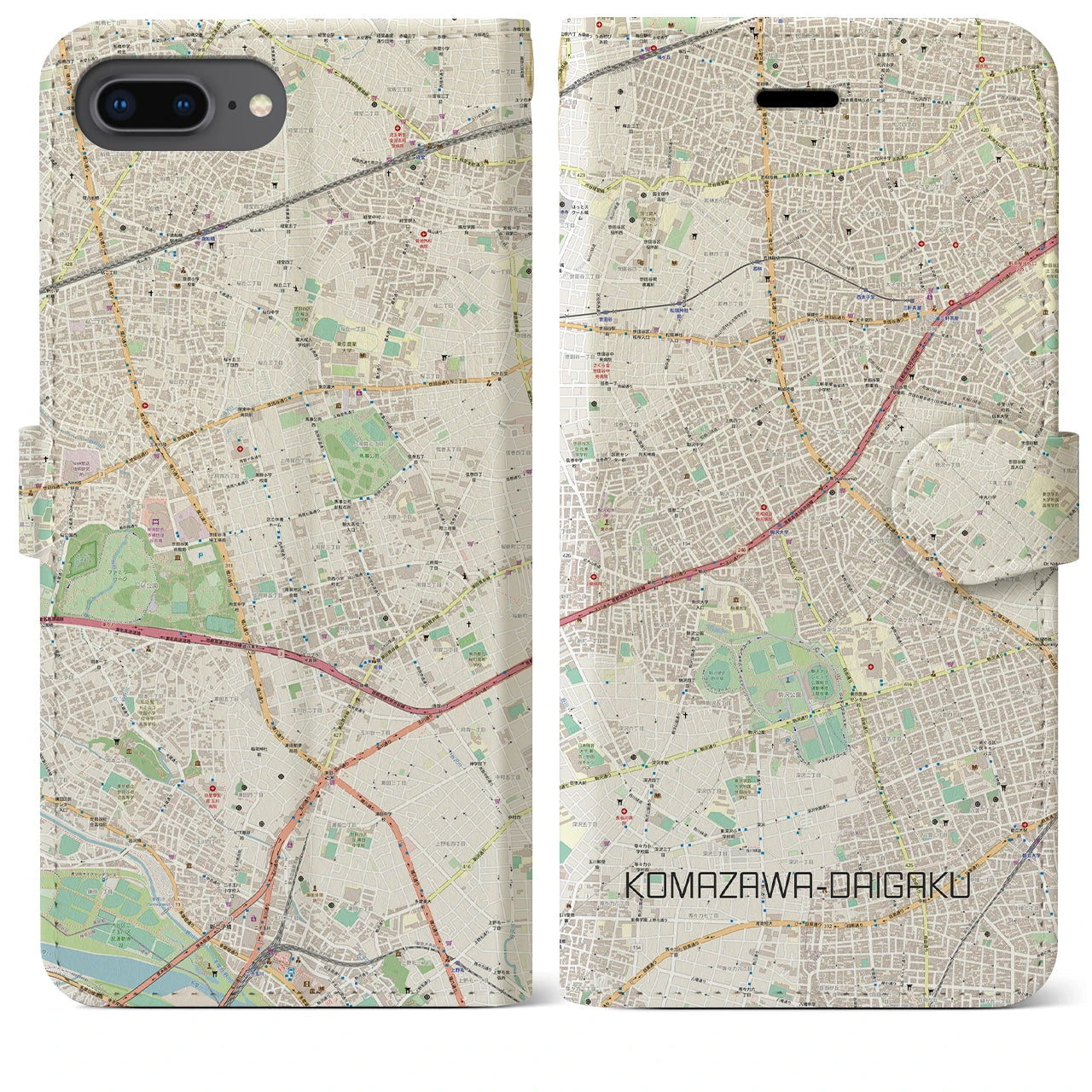 【駒沢大学】地図柄iPhoneケース（手帳両面タイプ・ナチュラル）iPhone 8Plus /7Plus / 6sPlus / 6Plus 用