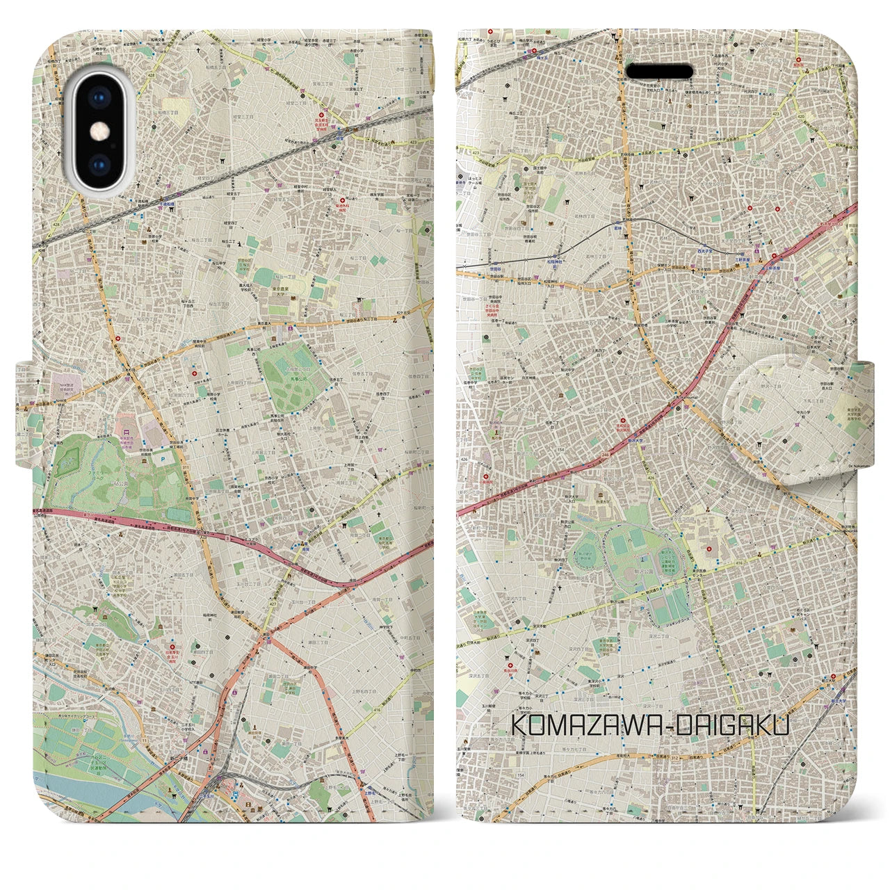 【駒沢大学】地図柄iPhoneケース（手帳両面タイプ・ナチュラル）iPhone XS Max 用