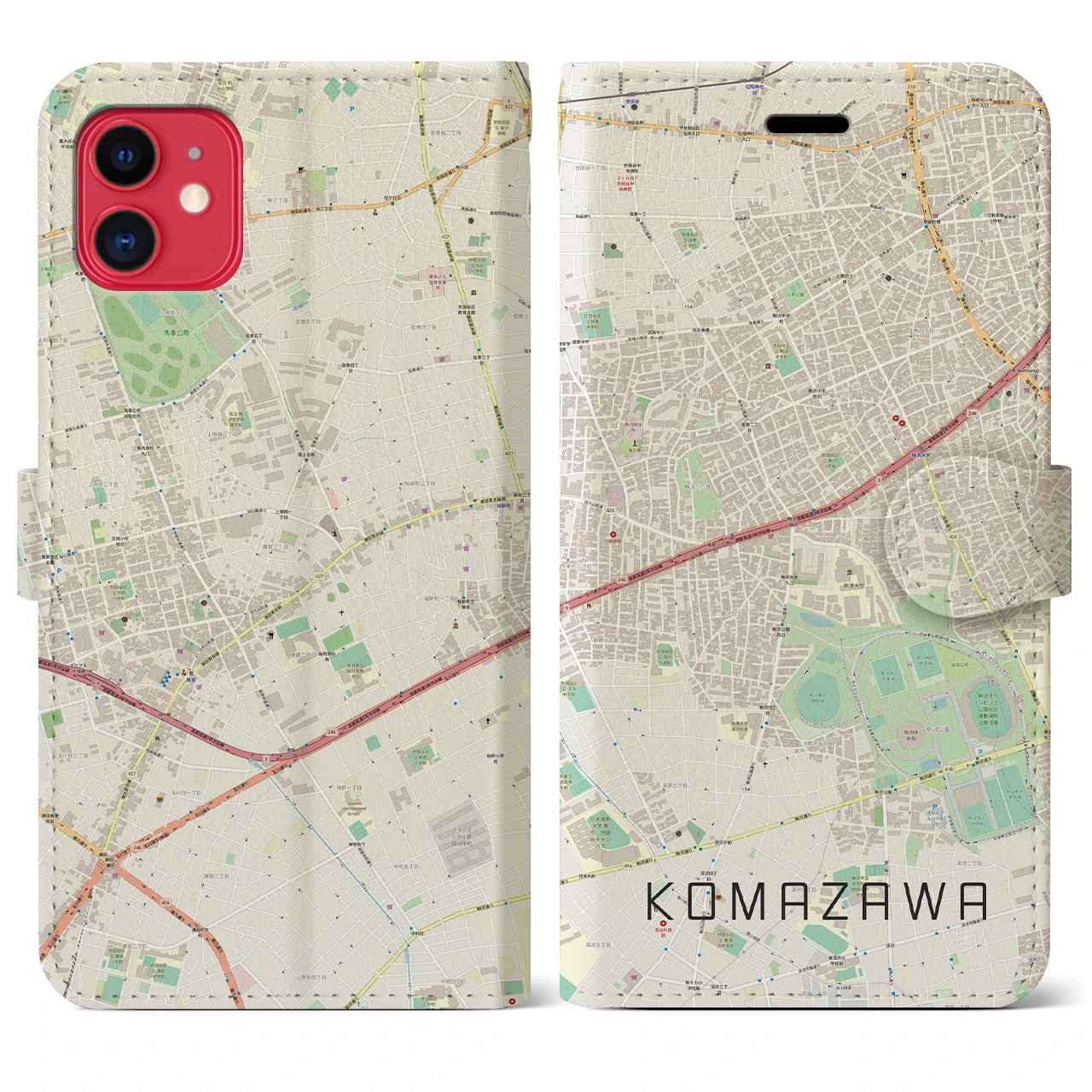 【駒沢】地図柄iPhoneケース（手帳両面タイプ・ナチュラル）iPhone 11 用