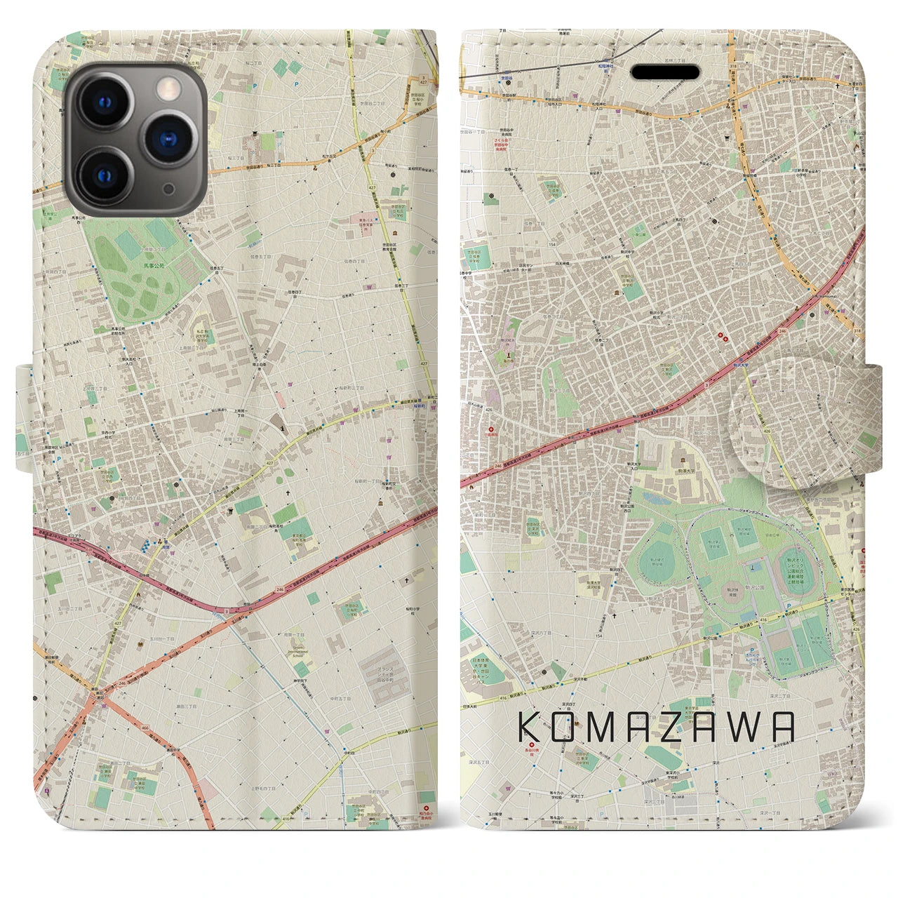 【駒沢】地図柄iPhoneケース（手帳両面タイプ・ナチュラル）iPhone 11 Pro Max 用