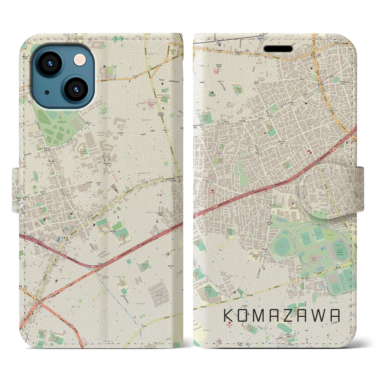 【駒沢】地図柄iPhoneケース（手帳両面タイプ・ナチュラル）iPhone 13 用
