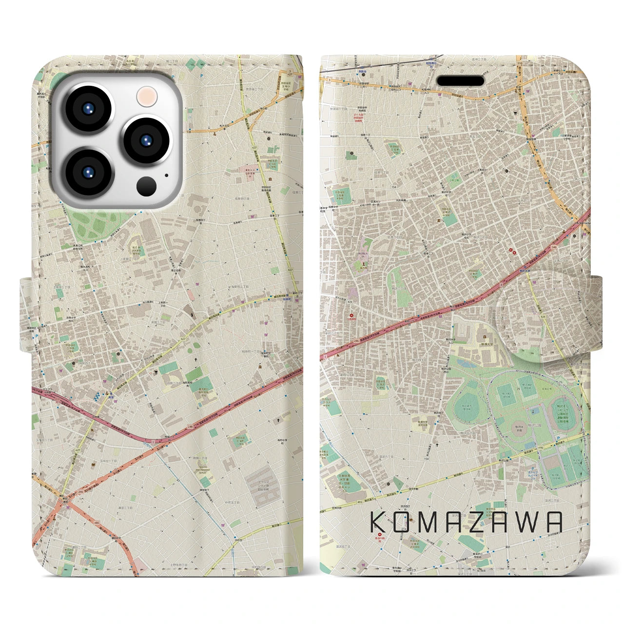 【駒沢】地図柄iPhoneケース（手帳両面タイプ・ナチュラル）iPhone 13 Pro 用