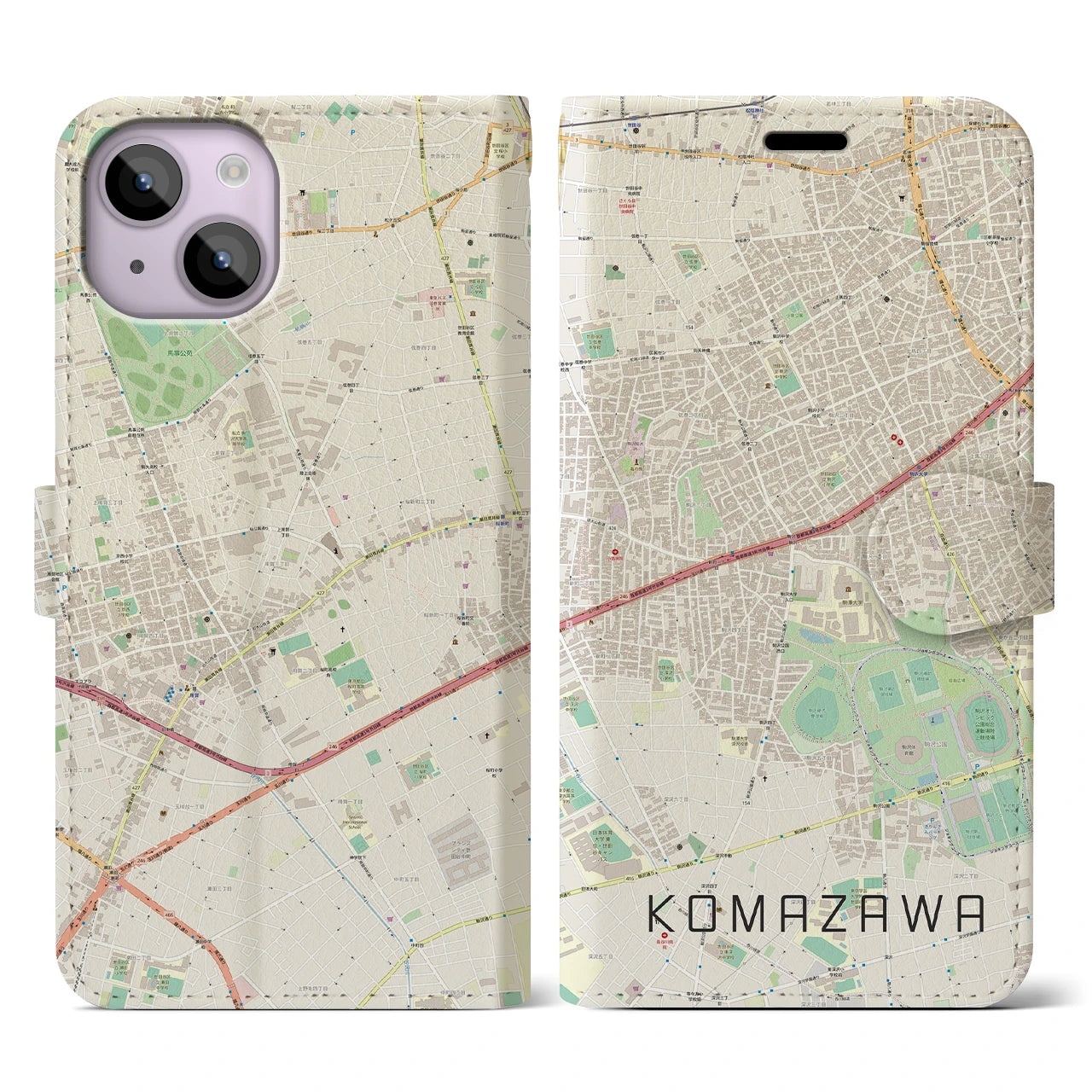 【駒沢】地図柄iPhoneケース（手帳両面タイプ・ナチュラル）iPhone 14 用