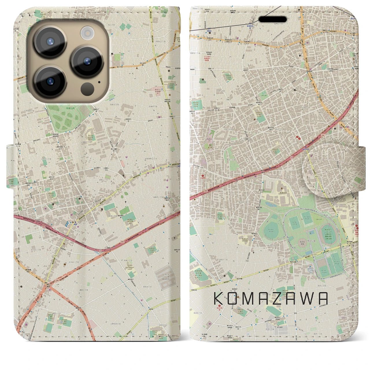 【駒沢】地図柄iPhoneケース（手帳両面タイプ・ナチュラル）iPhone 14 Pro Max 用