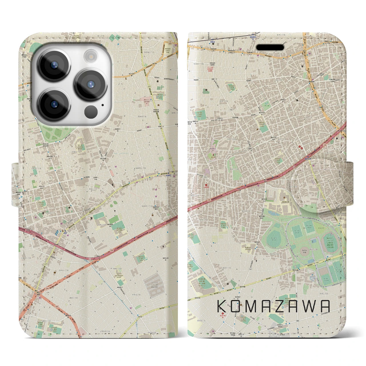 【駒沢】地図柄iPhoneケース（手帳両面タイプ・ナチュラル）iPhone 14 Pro 用