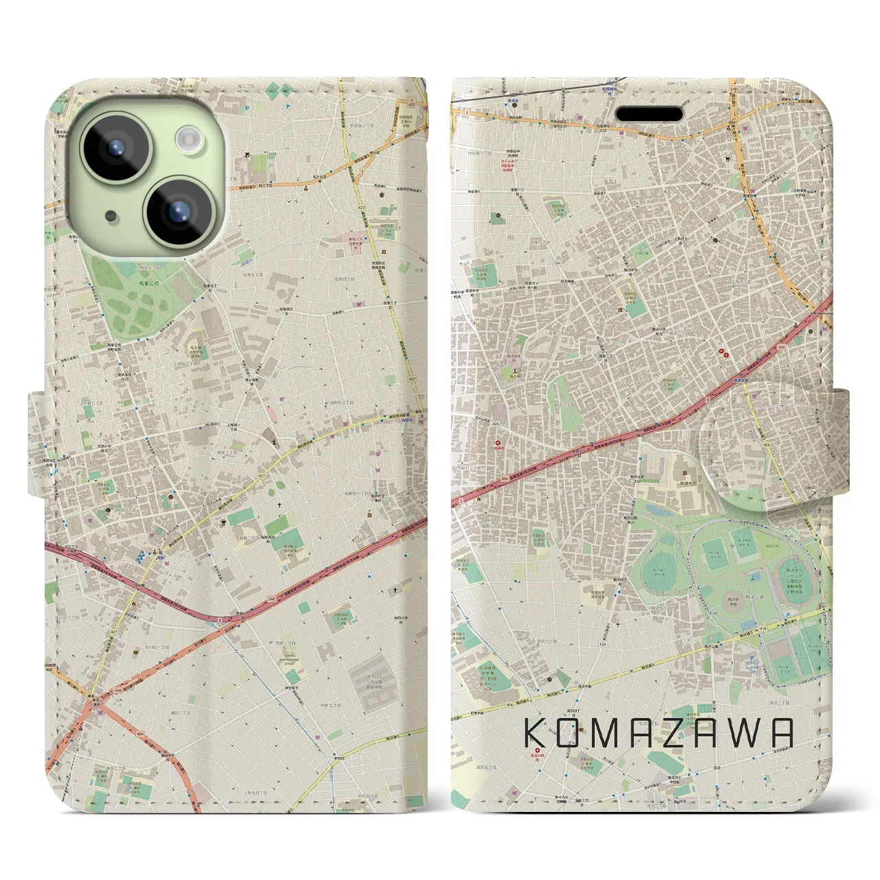 【駒沢】地図柄iPhoneケース（手帳両面タイプ・ナチュラル）iPhone 15 用