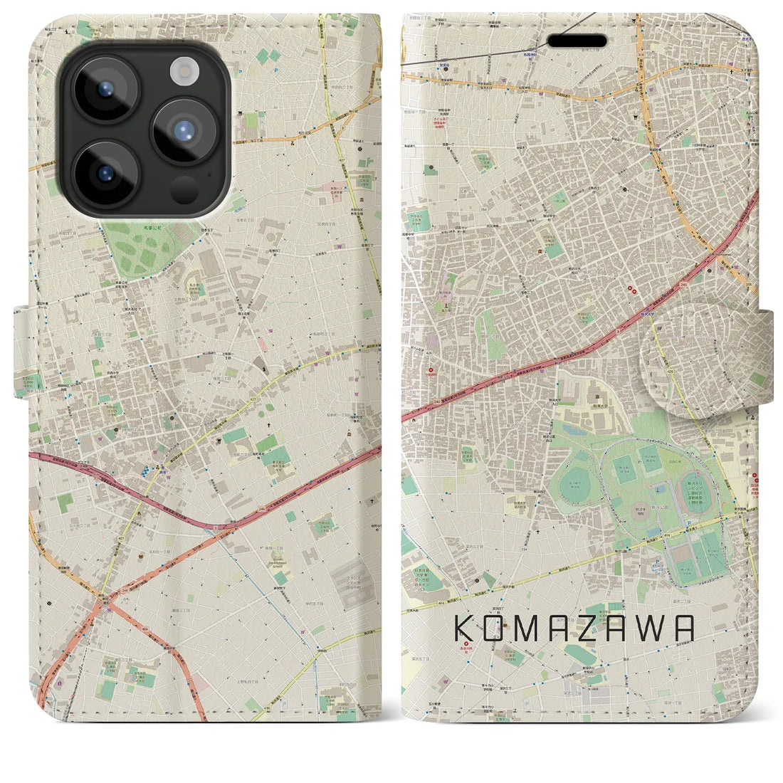 【駒沢】地図柄iPhoneケース（手帳両面タイプ・ナチュラル）iPhone 15 Pro Max 用