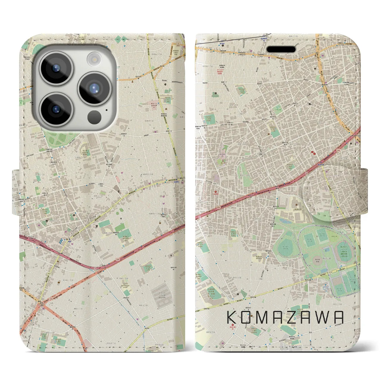 【駒沢】地図柄iPhoneケース（手帳両面タイプ・ナチュラル）iPhone 15 Pro 用