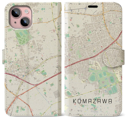 【駒沢（東京都）】地図柄iPhoneケース（手帳タイプ）ナチュラル・iPhone 15 Plus 用