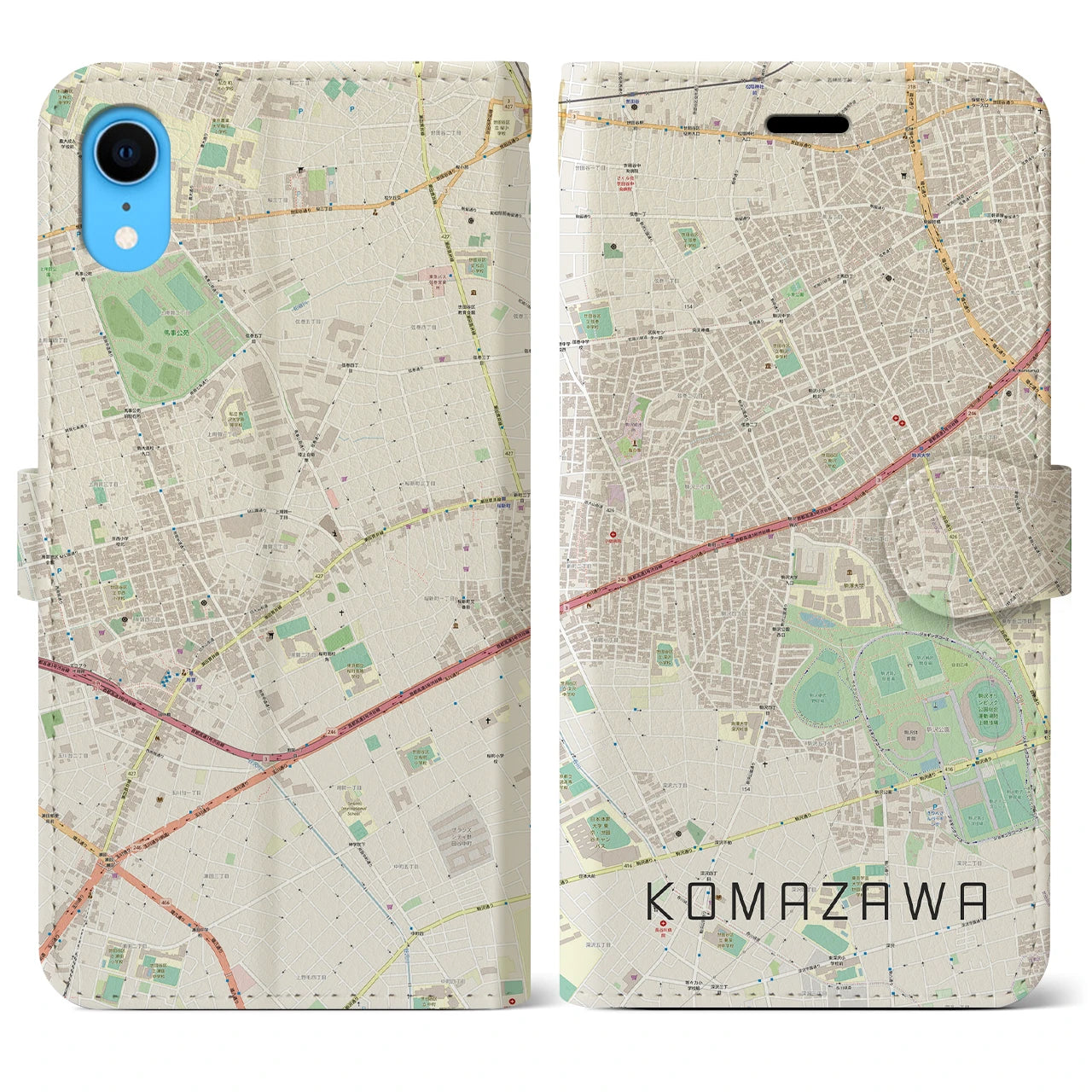 【駒沢】地図柄iPhoneケース（手帳両面タイプ・ナチュラル）iPhone XR 用